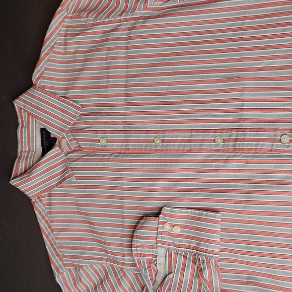Banana Republic Cotton Shirt Men's Medium Gray Salmon Striped Camp Collared - Picture 1 of 8